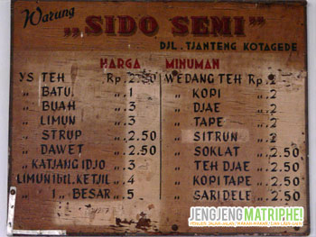 Daftar menu warung Sido Semi